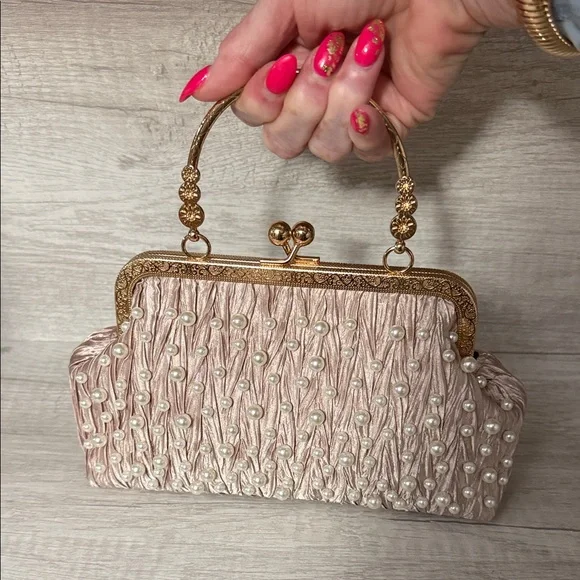 Elegant Pearl-Embellished Pink Clutch/Cold Chain Strap; NWOT - Picture 6 of 9